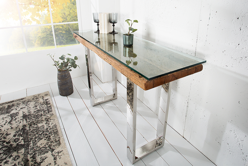 Massive Konsole BARRACUDA 120cm Teak mit Stahl Kufenfüßen inkl. Glasplatte