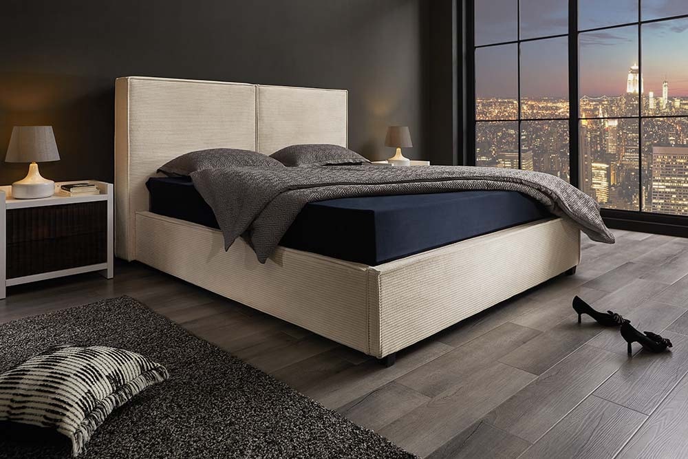 Modernes Boxbett ROCCO 160x200cm beige Cord mit Stauraum und Lattenrost