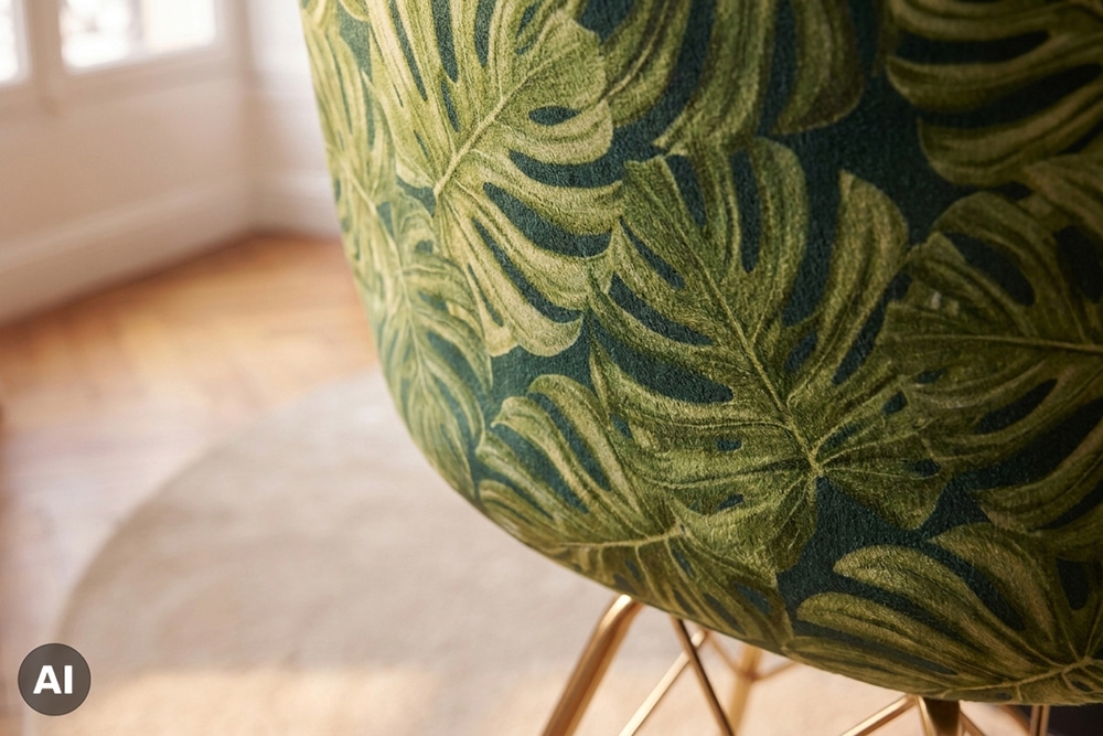 Design Stuhl SCANDINAVIA MEISTERSTÜCK grün Chenille gold Metall Monstera-Blatt