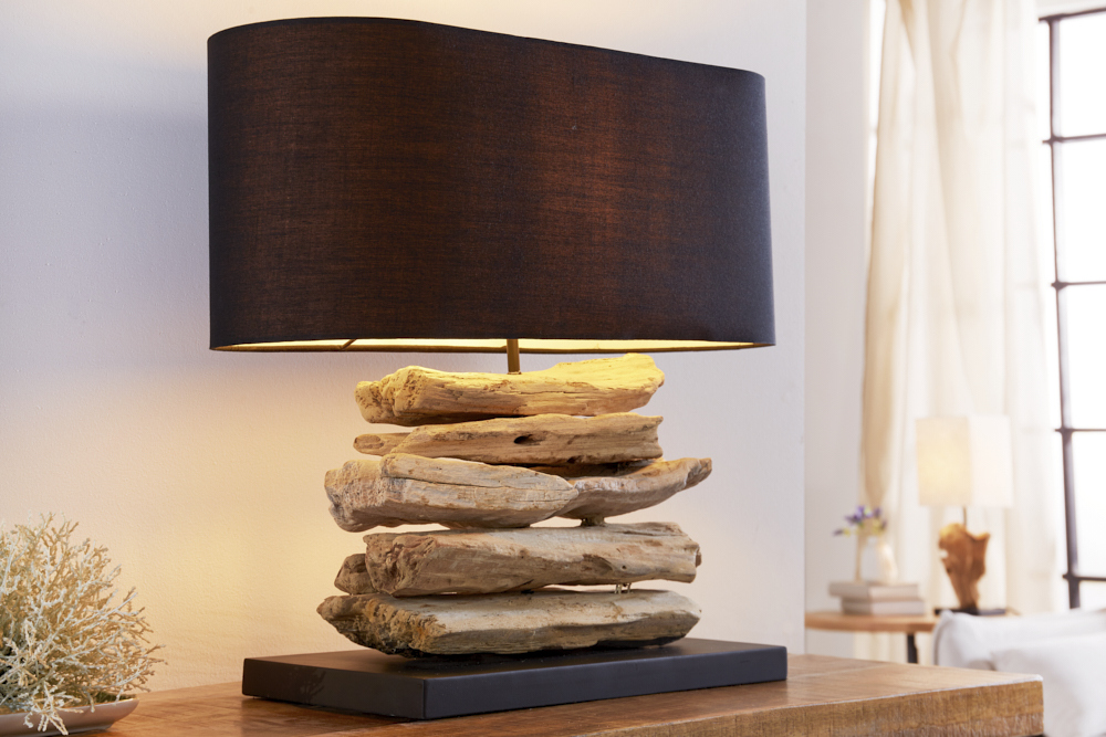 Handgearbeitete Treibholz Lampe RIVERINE 55cm schwarz Leinenschirm Tischleuchte