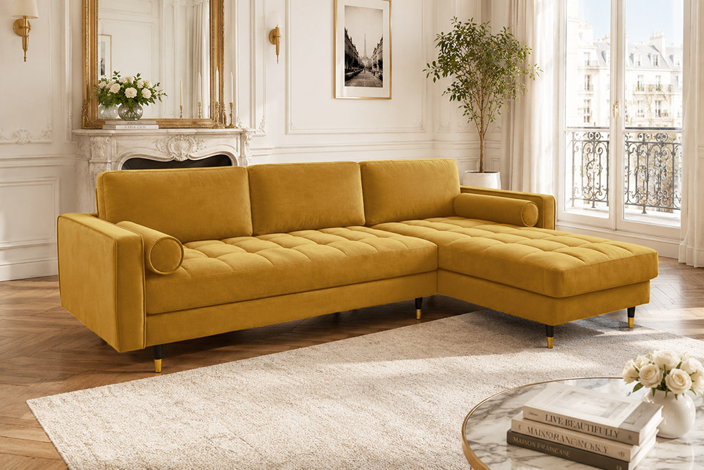 Elegantes Ecksofa COZY VELVET 260cm senfgelb Samt Federkern 3-Sitzer