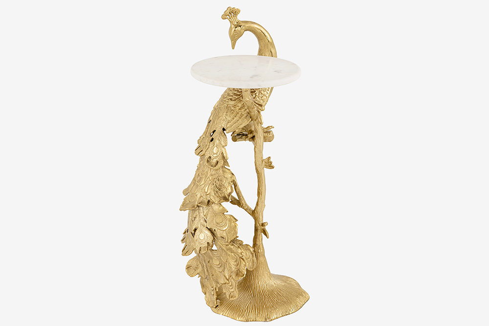 Runder Beistelltisch WILDLIFE PEACOCK 75cm gold antik weiß Metall Marmor Pfauen-Skulptur