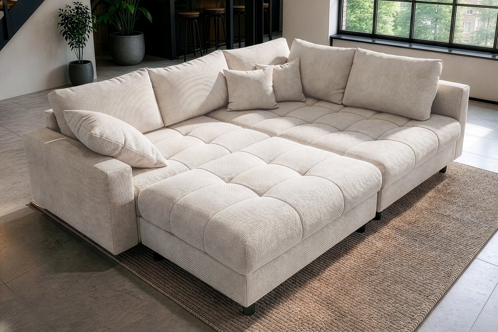 Ecksofa KENT 220cm champagner beige Chenille inkl. Hocker Federkern Wohnlandschaft