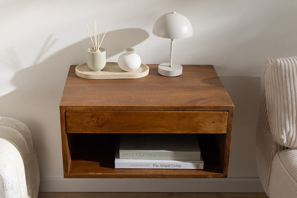 Hängender Nachttisch PURE 50cm braun Mangoholz honey finish Wandregal Schublade