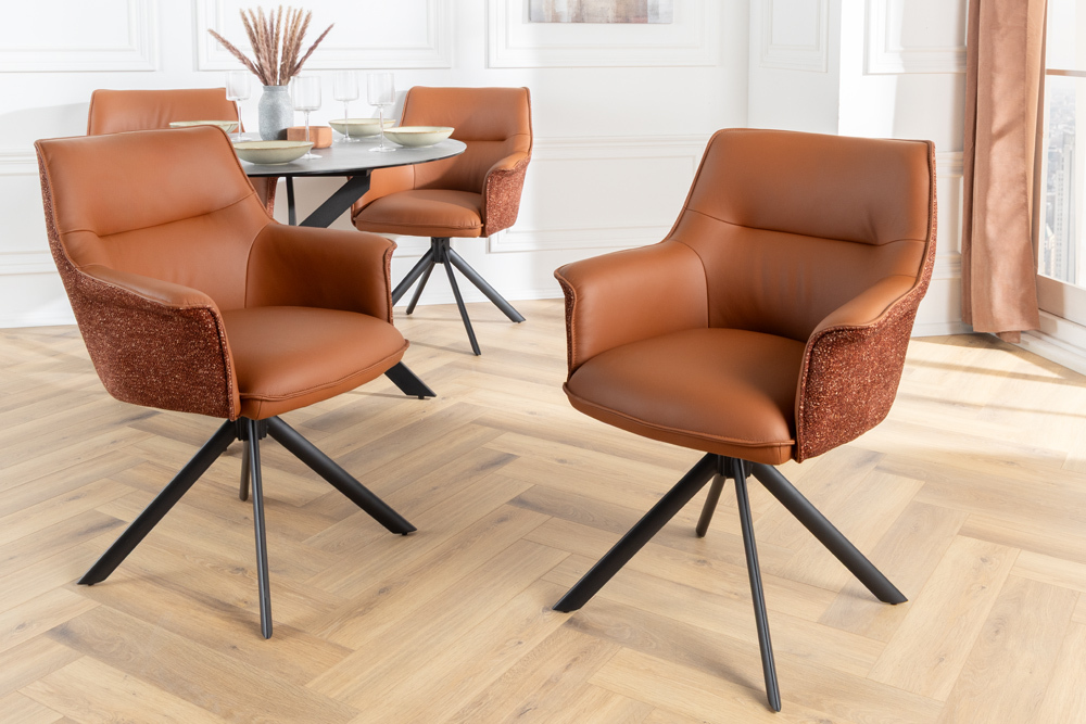 Drehbarer Stuhl LE GRAND cognac Echtleder Strukturstoff schwarzes Metallgestell
