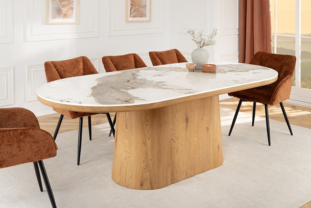 Ovaler Esstisch UNIQUE 200cm weiß natur Keramik Eiche Säulenfuß