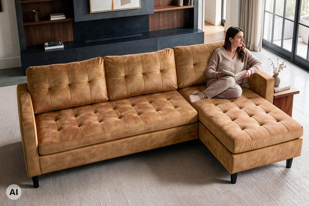 Ecksofa STOCKHOLM 220cm senfgelb Samtstoff Federkern 3-Sitzer-Sofa