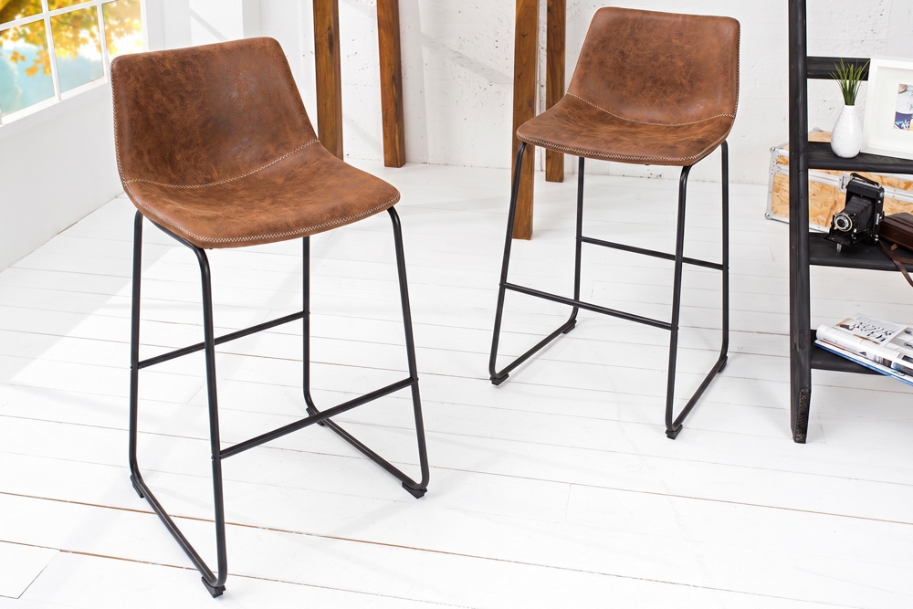 Design Barhocker DJANGO vintage braun Microfaser mit Lehne Eisengestell schwarz