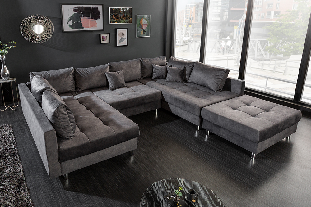 Moderne XXL Wohnlandschaft KENT 305cm grau Samt Bigsofa inkl. Hocker Federkern