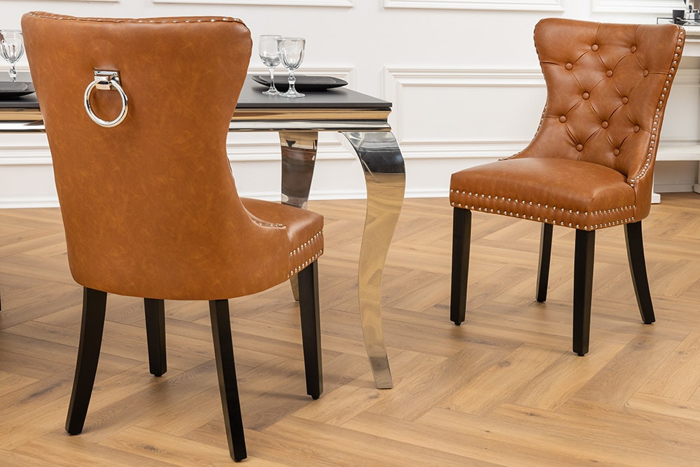 Chesterfield Stuhl CASTLE braun Kunstleder schwarz Massivholz mit Komfortgriff