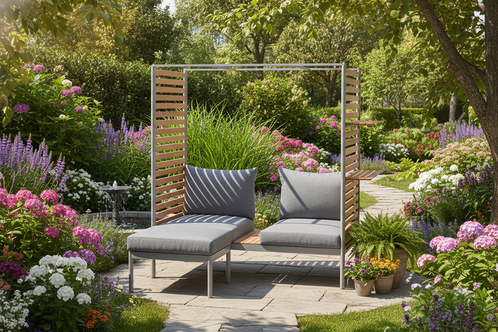 Outdoor Balkonlounge 2-Sitzer COCOONING anthrazit Aluminium Holz mit Hocker wetterfest
