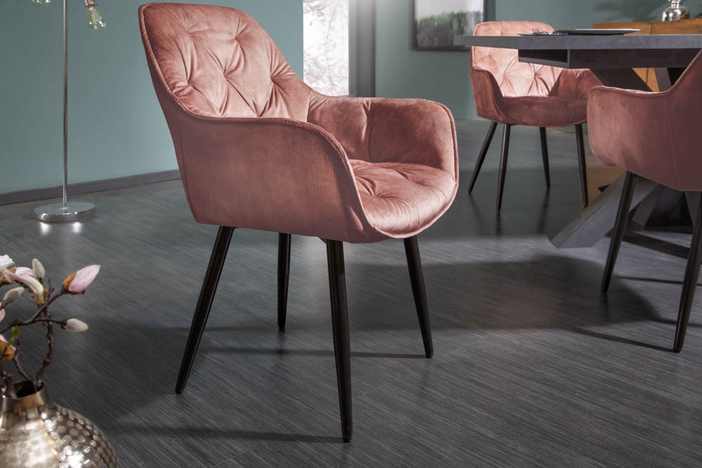 Design Stuhl MILANO rost braun Samt mit Armlehne Ziersteppung gepolstert schwarze Metallbeine