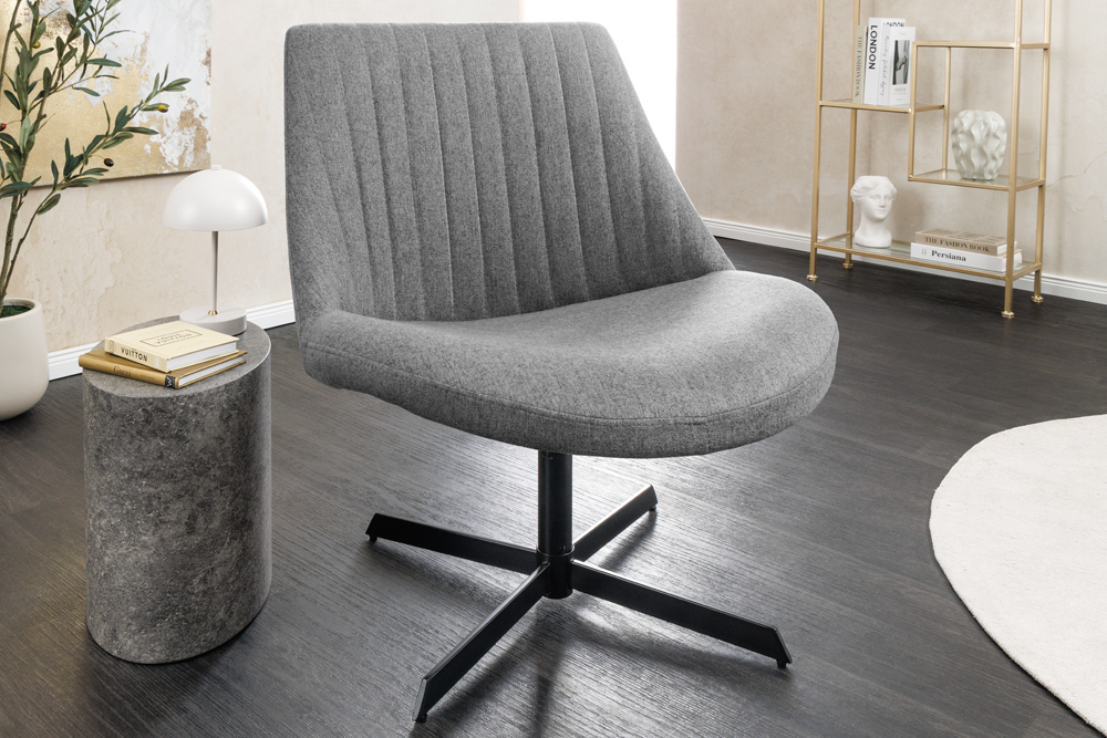 Drehbarer Sessel LOUNGER grau Strukturstoff Metallgestell schwarz Drehbarer Sessel LOUNGER grau Strukturstoff Metallgestell schwarz