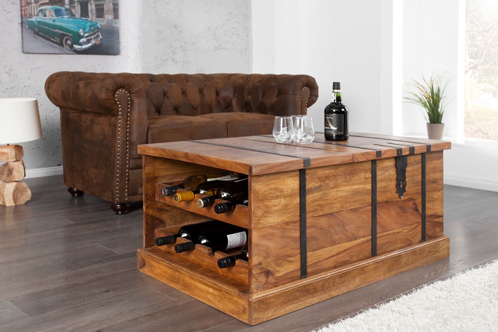 Massivholz Couchtisch BODEGA 100cm braun Sheesham stone finish Truhe Stauraum Weinregal