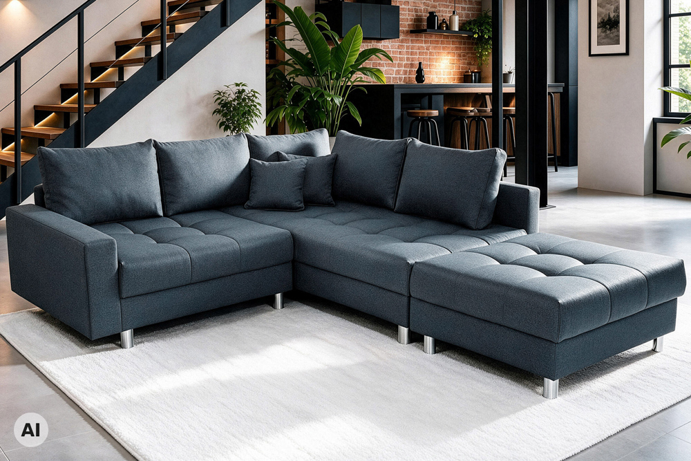 Moderne Wohnlandschaft KENT 220cm anthrazit Ecksofa Federkern inkl. Hocker und Kissen » Jetzt kaufen