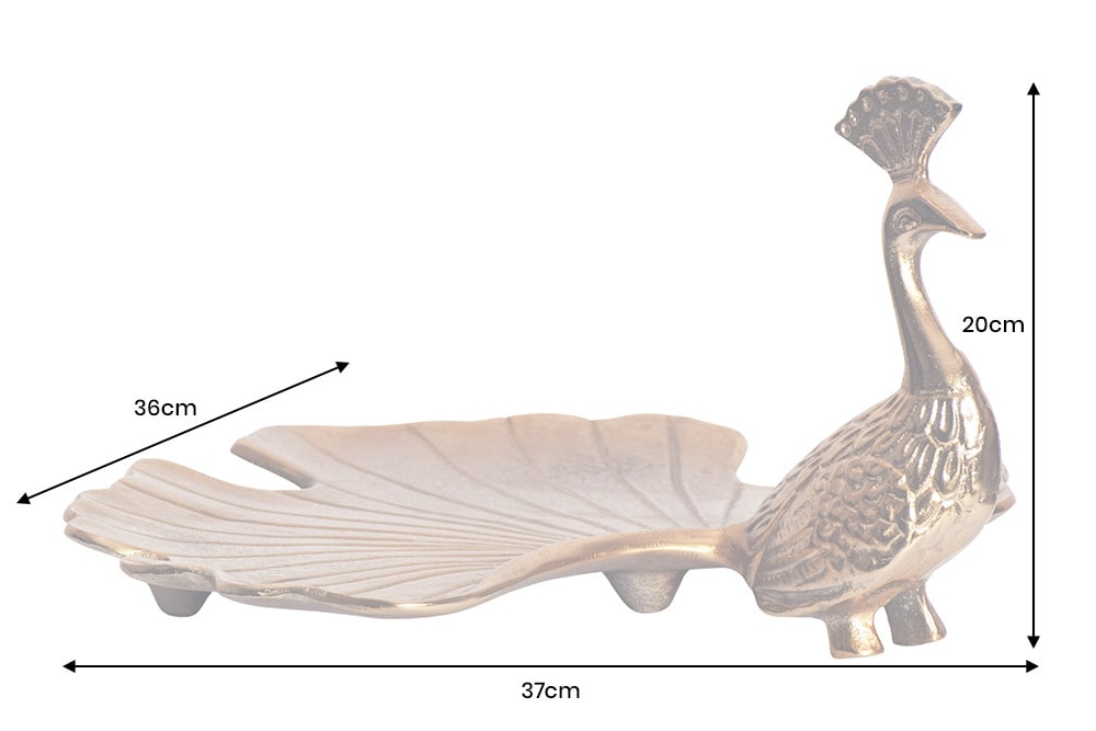 Handgefertigte Servierplatte WILDLIFE PEACOCK 40cm gold Metall Pfauen-Skulptur