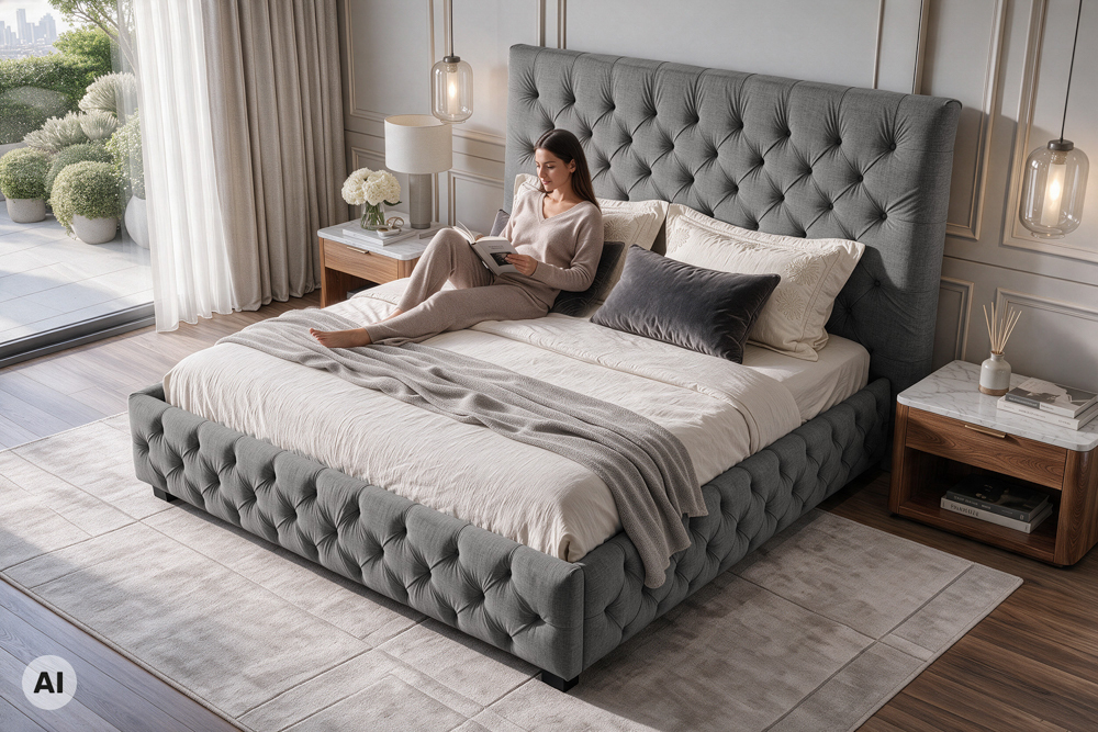 Design Boxbett PARIS 180x200cm grau Leinen Chesterfield Doppelbett Design Boxbett PARIS 180x200cm grau Leinen Chesterfield Doppelbett