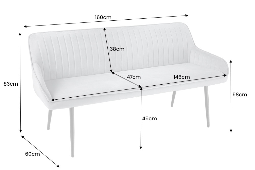 Design Sitzbank TURIN 160cm senfgelb Samt schwarz Metallbeine Armlehne