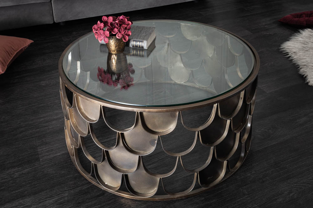 Runder Couchtisch ABSTRACT 60cm antik messing Metall Glas Industrial Fischschuppen Design