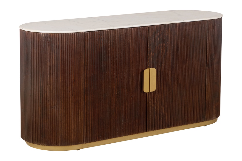 Massives Sideboard GATSBY 120cm braun Mangoholz gold Metall weiße Marmorplatte