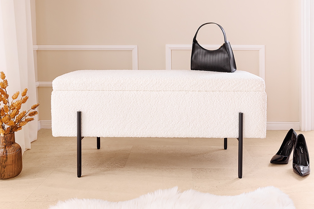 Moderne Truhenbank LOFT 100cm weiß Bouclé Sitzbank mit Stauraum gepolstert schwarz Metall
