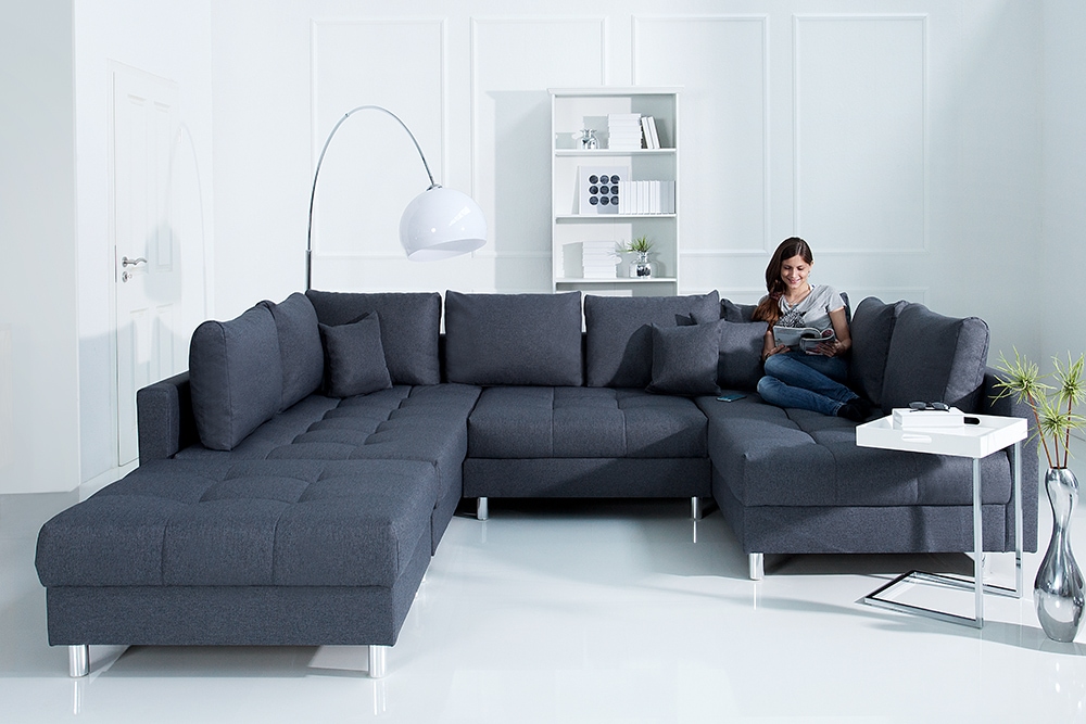 Moderne XXL Wohnlandschaft KENT 305cm anthrazit Federkern Bigsofa inkl. Hocker