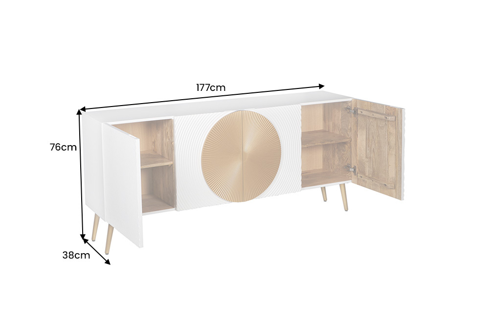 Massives Sideboard AURUM 180cm weiß Mangoholz mit ikonischem Gold-Element