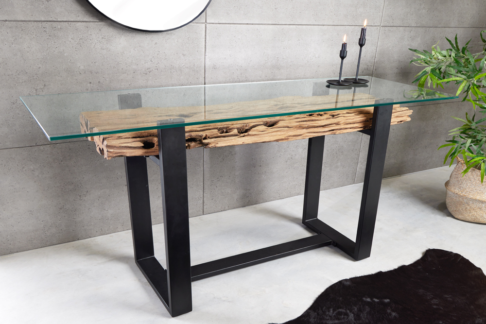 Design Konsolentisch BARRACUDA 150cm recyceltes Teakholz Glas Industrial