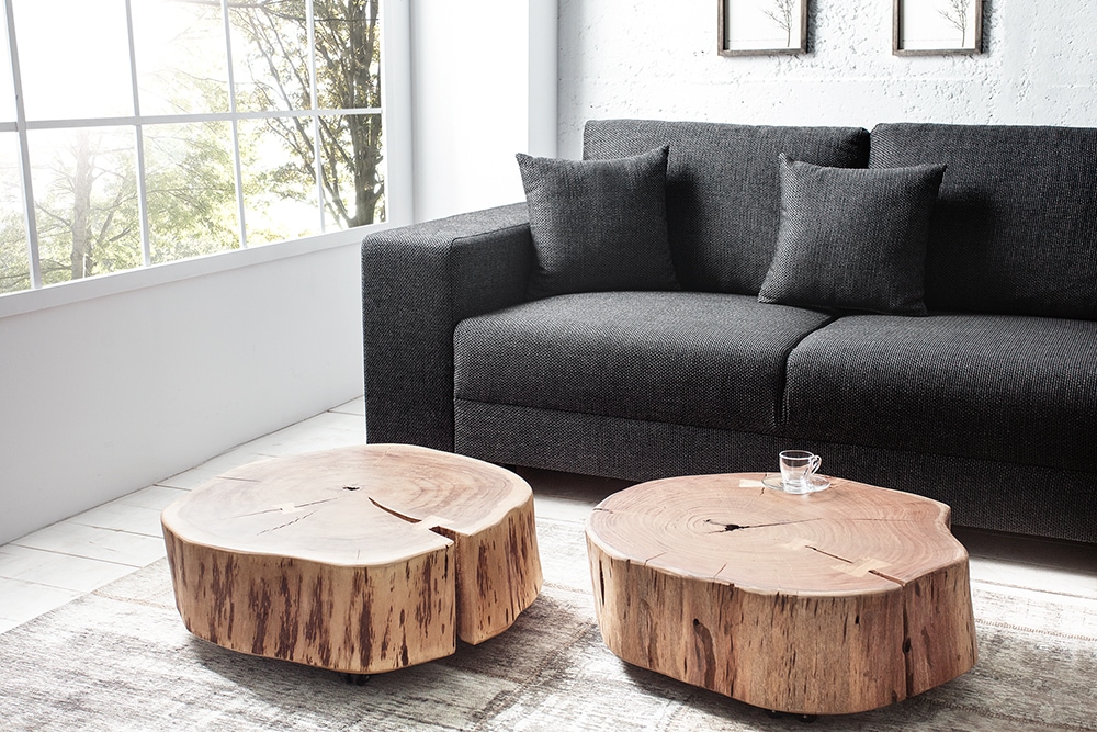 Baumstamm Couchtisch GOA 60cm natur Akazie Massivholz rund mit Rollen Unikat