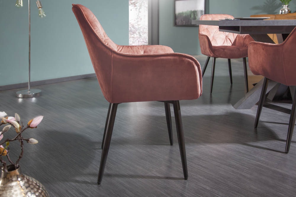 Design Stuhl MILANO rost braun Samt mit Armlehne Ziersteppung gepolstert schwarze Metallbeine