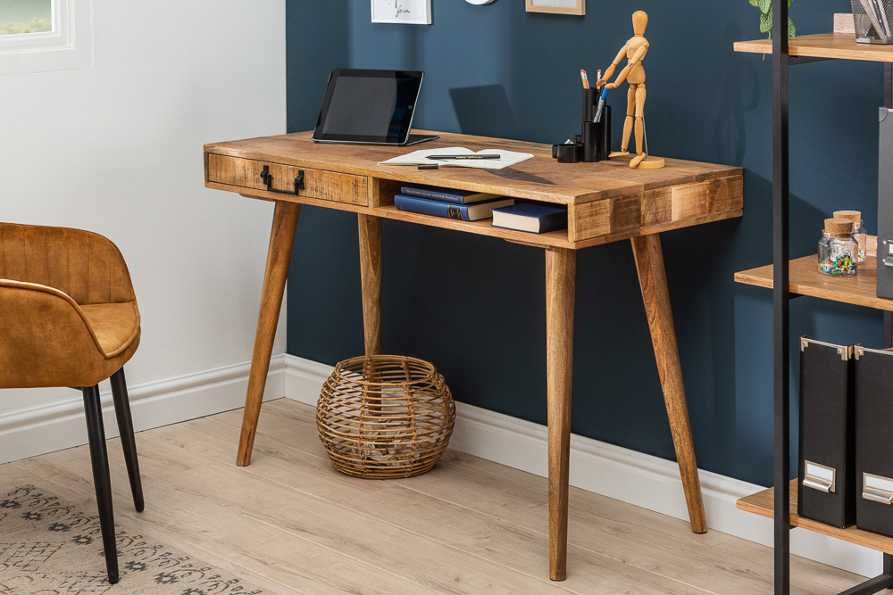 Massiver Schreibtisch RETRO 120cm Mangoholz Bürotisch mit Schublade