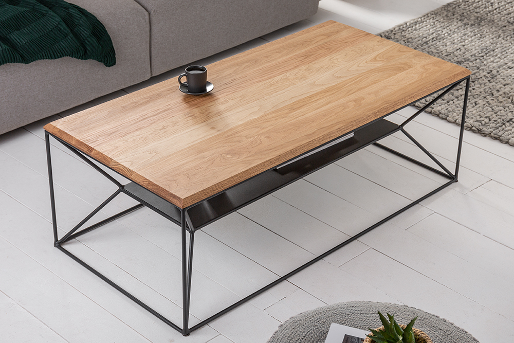 Massivholz Couchtisch ARCHITECTURE 110cm Eiche geölt schwarzes Metallgestell mit Ablage