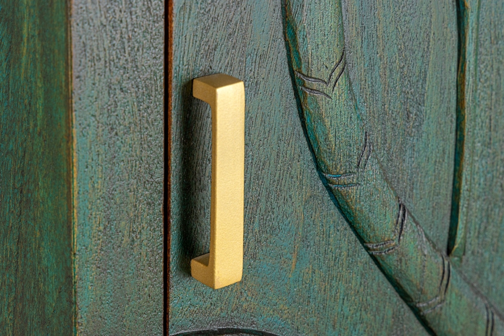 Massives Highboard PEACOCK 170cm grün Mangoholz antik 3D Schnitzerei Pfau-Design