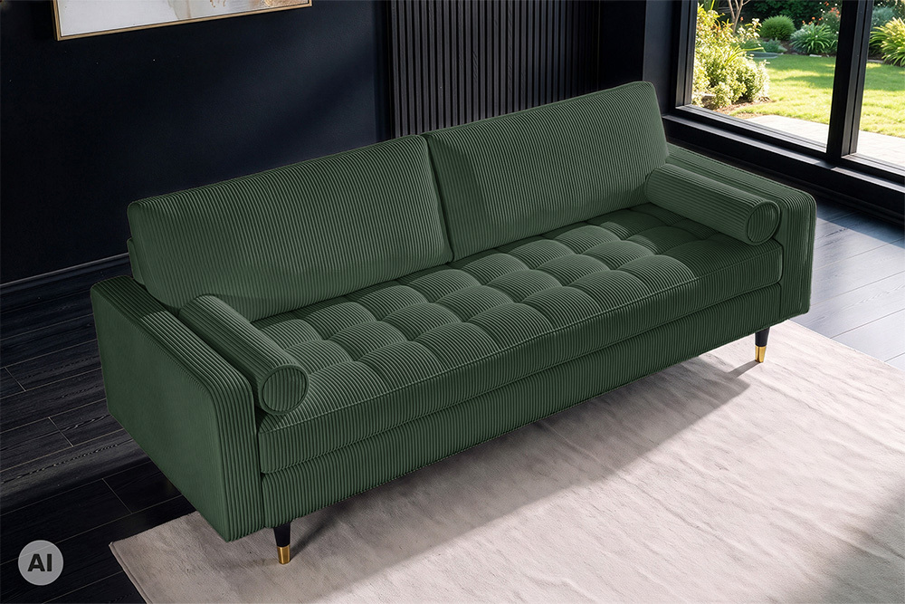 3er Sofa COZY VELVET 220cm grün Cord schwarze Füße mit goldener Kappe
