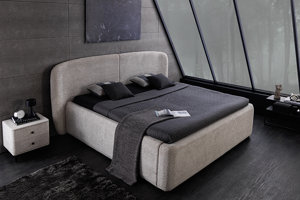 Modernes Boxbett ART DECO 160x200cm greige Bouclé mit Stauraum und Lattenrost