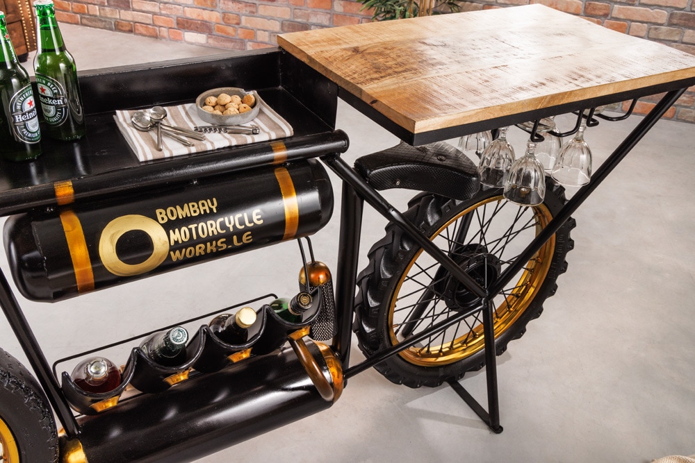 Industrial Konsolentisch MOTORCYCLE 185cm Mangoholz schwarz Motorrad Bartheke Upcycling