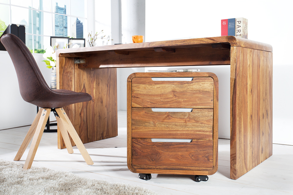 Massiver Rollcontainer CUBUS 60cm braun Sheeshamholz stone finish drei Schubladen
