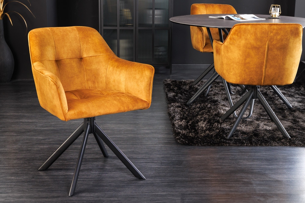 Design Stuhl LOFT senfgelb Samt drehbar Metallgestell schwarz mit Armlehne