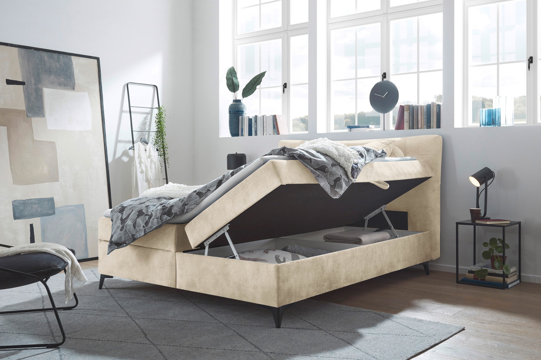 Design Boxbett DECADENCIA 180x200cm beige Samt mit Stauraum Matratze Topper