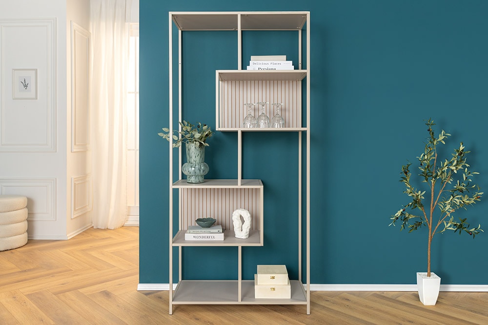 Modernes Bücherregal SLIM LINE 185cm champagner beige Metallgestell sechs Regalböden