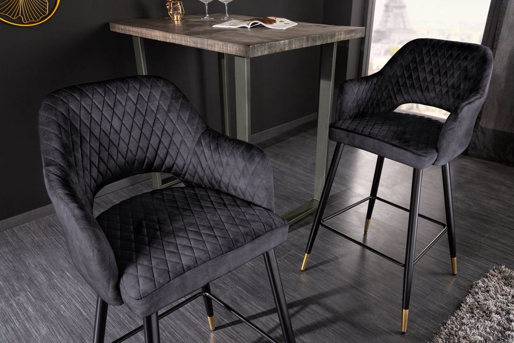 Design Barhocker PARIS grau Samt mit Lehne Metall schwarz gold Ziersteppung