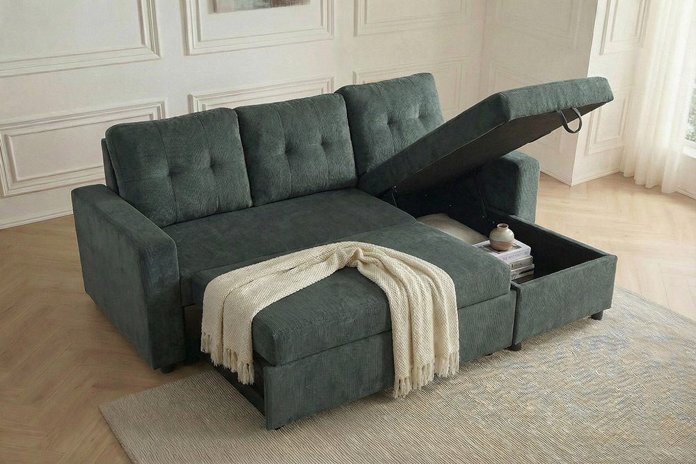 Ecksofa mit Schlaffunktion APARTMENT beidseitig aufbaubar grün Cord inkl. Stauraum