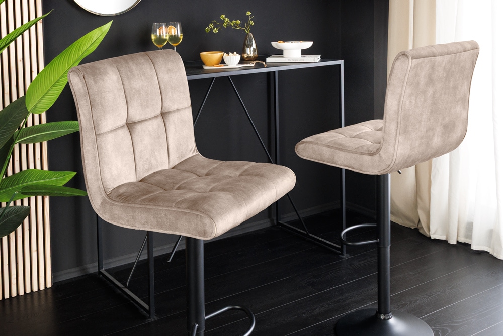 Höhenverstellbarer Barhocker MODENA champagner beige Samt Metall schwarz drehbar