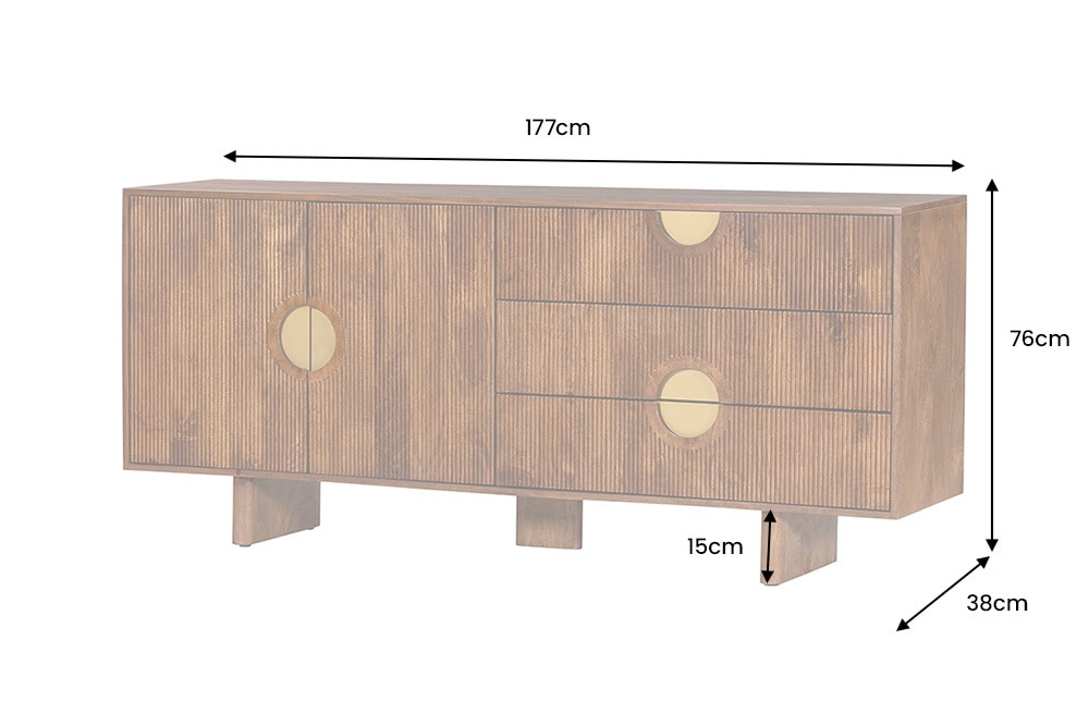 Massives Sideboard MADISON 180cm braun Mangoholz mit Schubladen und strukturierter Front