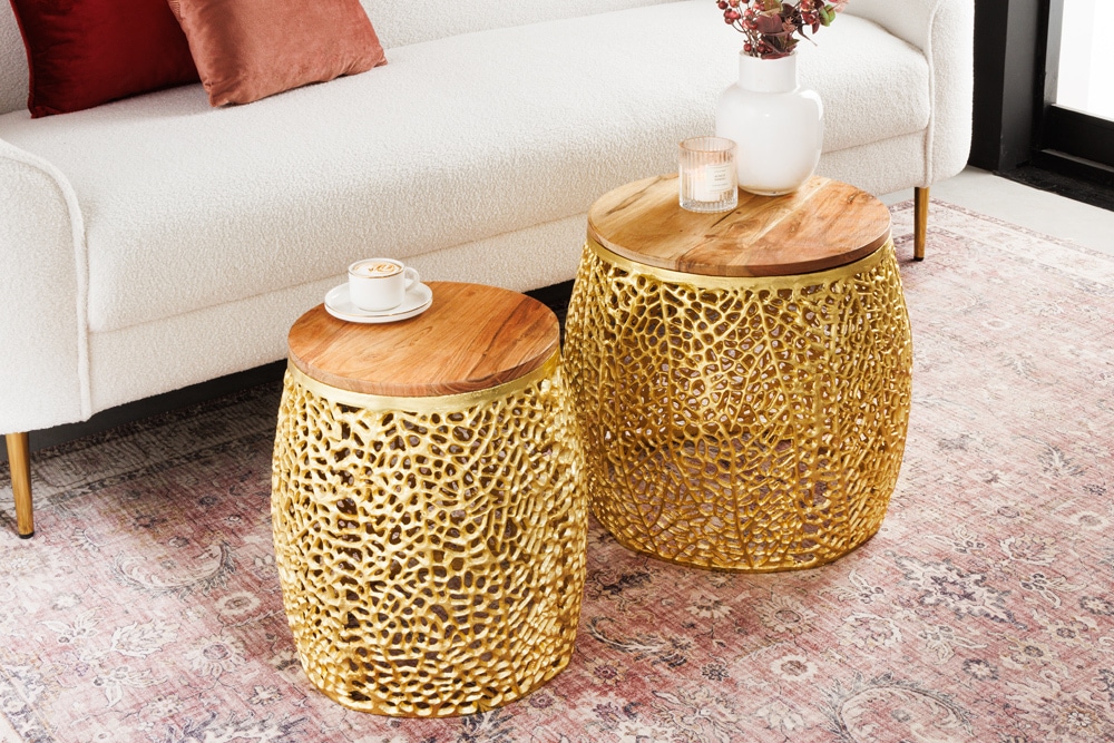 2er Set Filigraner Design Couchtisch ABSTRACT LEAF gold Akazienholz Handarbeit Metall rund