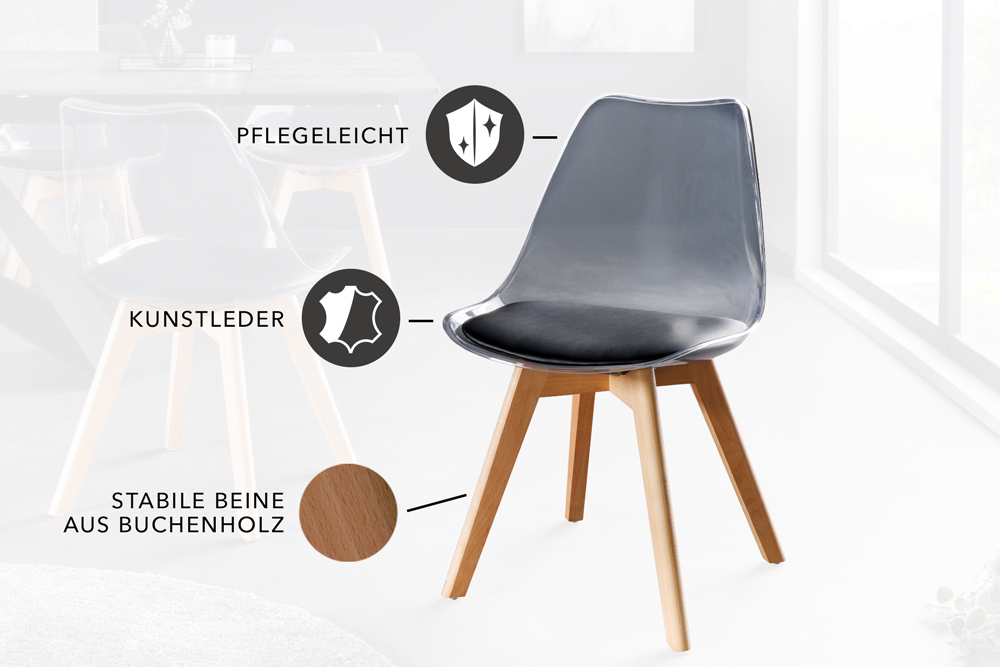 Design Stuhl SCANDINAVIA MEISTERSTÜCK transparent schwarz Kunststoff Buchenholz natur