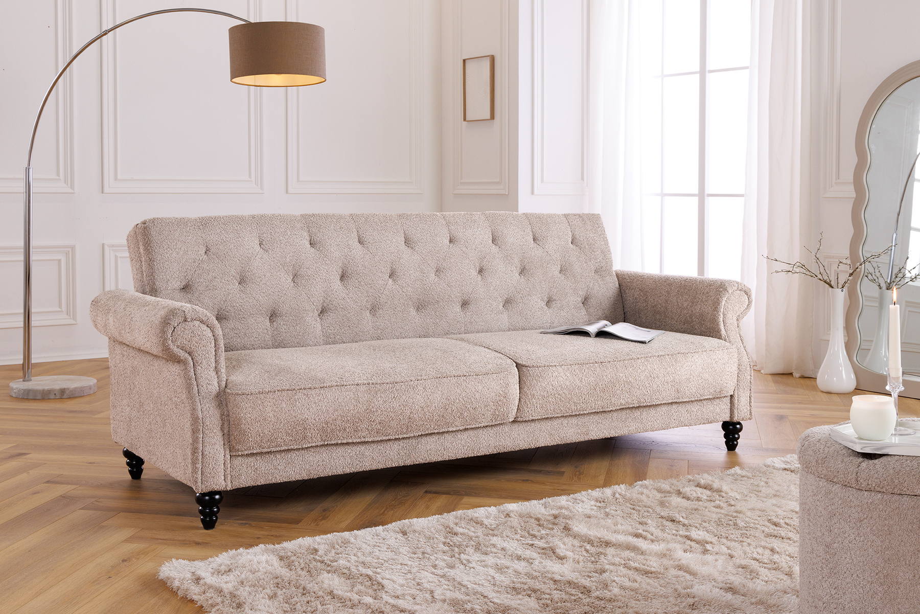 Chesterfield 3-Sitzer Sofa MAISON BELLE AFFAIRE 220cm greige Bouclé mit Schlaffunktion
