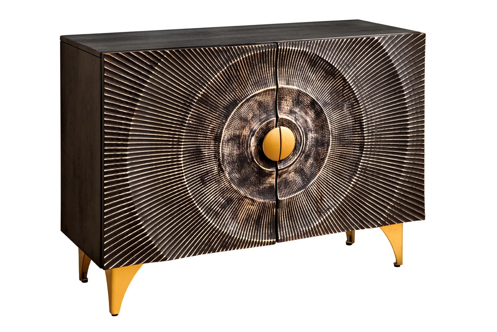 Massives Sideboard GOLDEN SUNSET 100cm schwarz Mangoholz 3D Schnitzerei gold Metall