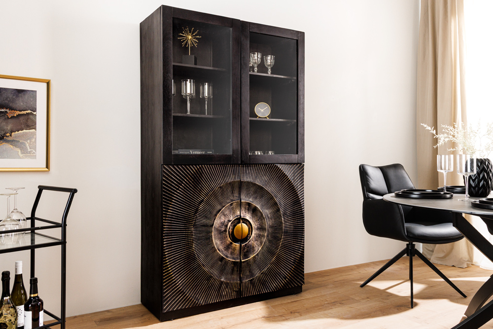 Massives Highboard GOLDEN SUNSET 180cm schwarz gold Mangoholz mit Glastüren Vitrine