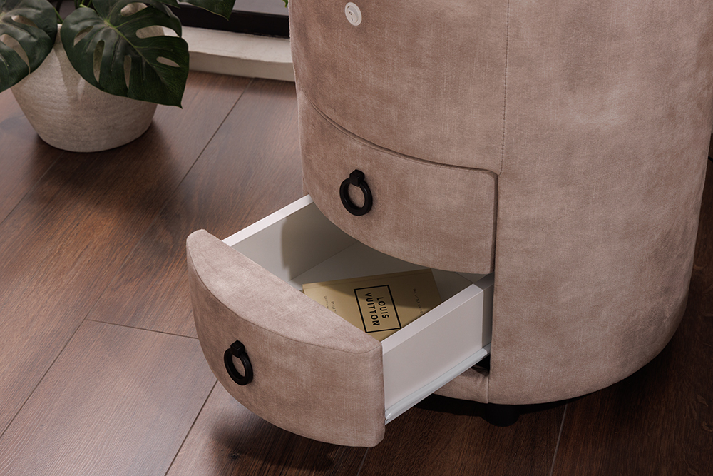 Runder Nachttisch SIGNUM 55cm champagner beige Vogue Seiden Samtstoff inkl. Beleuchtung